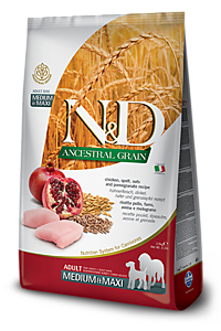 Фармина N&D DOG Low Grain Медиум/Макси для собак с курицей, спельтой, овсом и гранатом 12кг