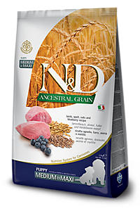 Фармина N&D DOG Low Grain Медиум/Макси для щенков с ягненком, спельтой, овсом и черникой 12кг