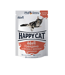 HAPPY CAT Пауч Говядина - Печень - Горох в желе 100г.