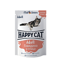 HAPPY CAT Пауч Говядина и Птица в соусе 100г.