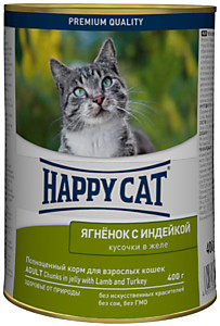 HAPPY CAT Консервы для кошек Ягненок и индейка кусочки в желе - 400г